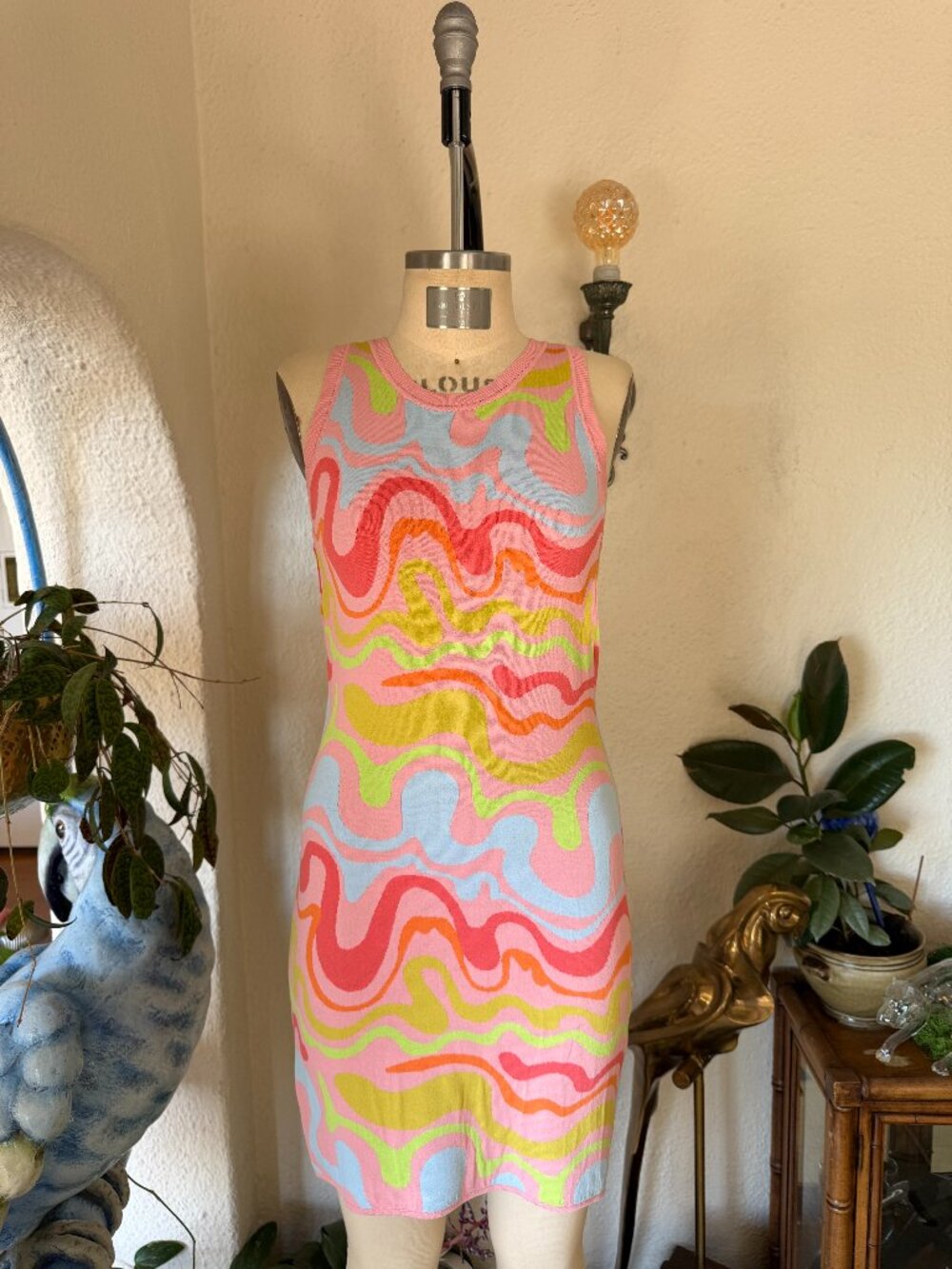 90s Vintage Nicole Miller Wavy Psychedelic Print Bodycon Midi Dress y2k VTG